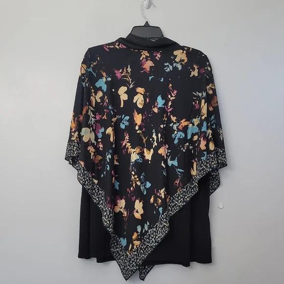 Slim Factor By Investments Floral Print Short Sleeve V-Neck Tie Layer Poncho Top - Picture 8 of 11